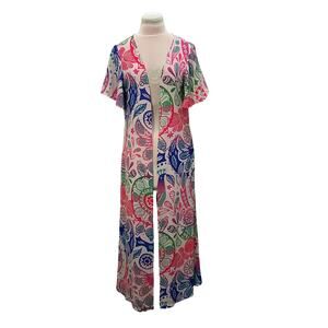 JUDITH MARCH Colorful Open Front Flowy Long SS Cardigan SMALL Boho Bird Beach